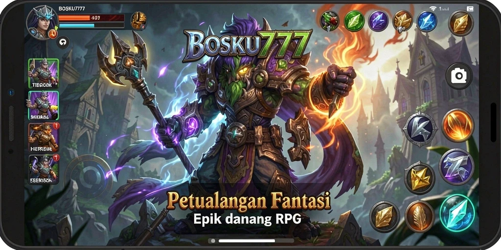 Screenshot menunjukkan aksi intens dalam game RPG BOSKU777.