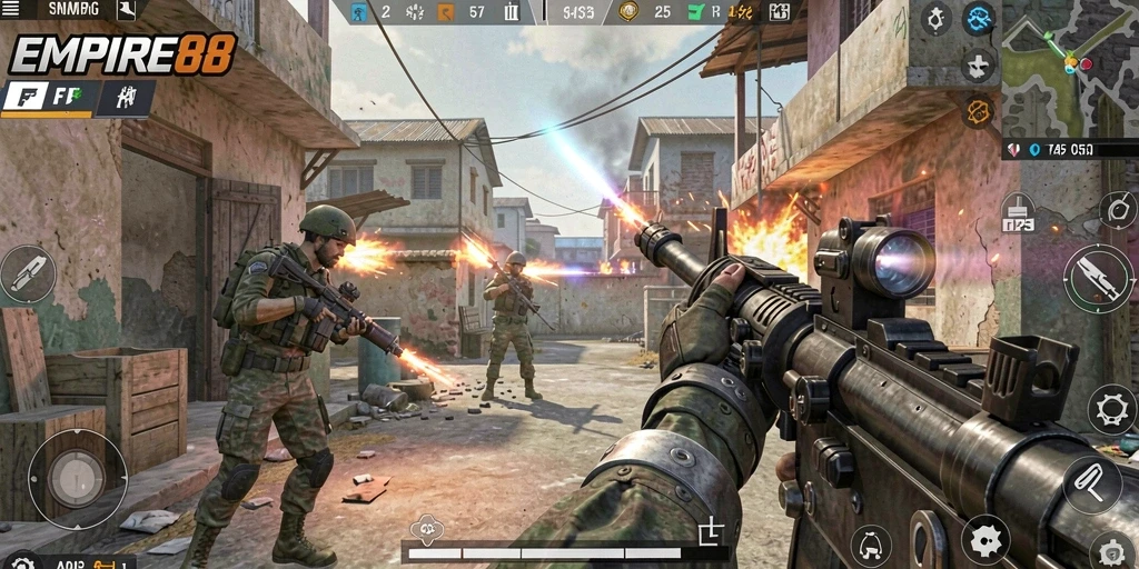 Screenshot aksi menegangkan dalam permainan EMPIRE88 FPS.