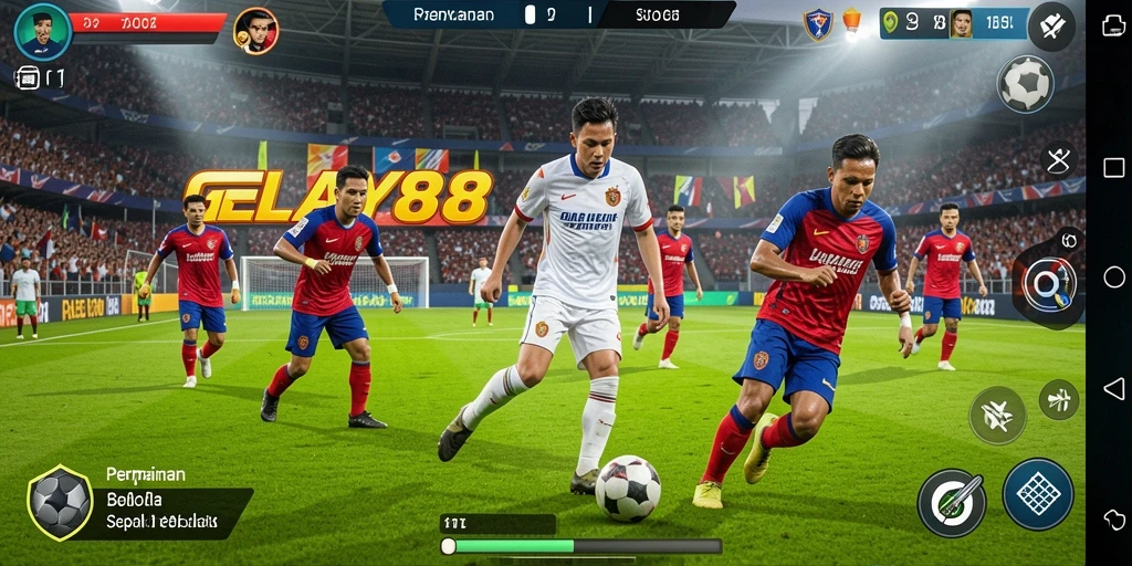 Screenshot utama GELAY88 menampilkan aksi menyerang dalam permainan sepak bola.