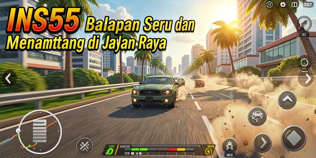 Gameplay menegangkan dengan mobil balap yang melaju kencang di lintasan.