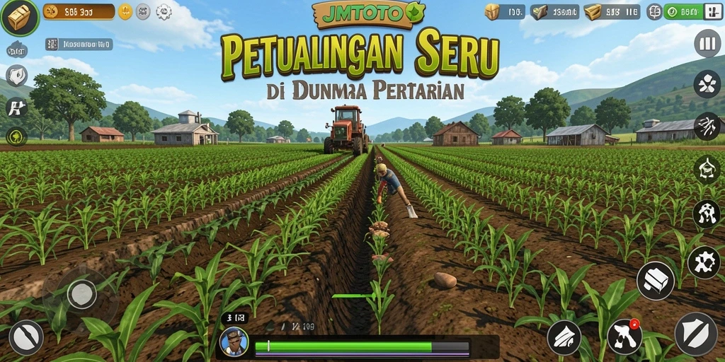 Tampilan gameplay seru dalam JMTOTO yang menampilkan pertanian yang asri.