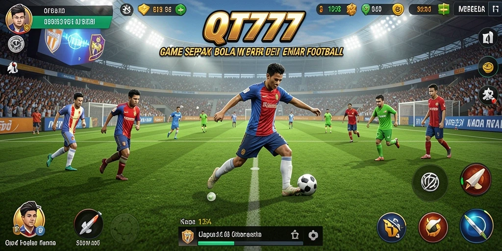 Screenshot utama QT777 menampilkan aksi seru di lapangan sepak bola.