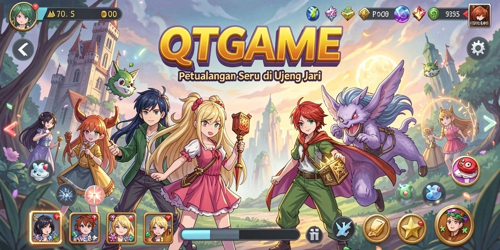 Tampilan gameplay QTGAME dengan karakter anime yang mengesankan.