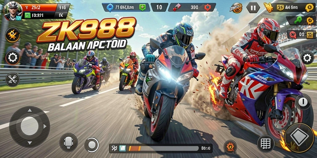 Tampilan gameplay ZK988 yang mendebarkan dan penuh aksi balapan motor.